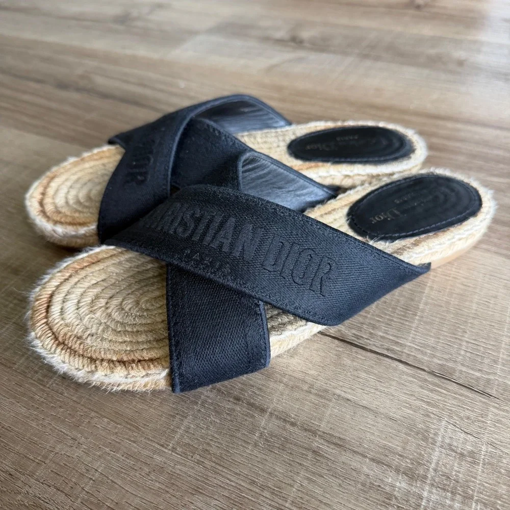Christian Dior D-Way Espadrille Slides Black Canvas Cross Strap Sandals 37.5